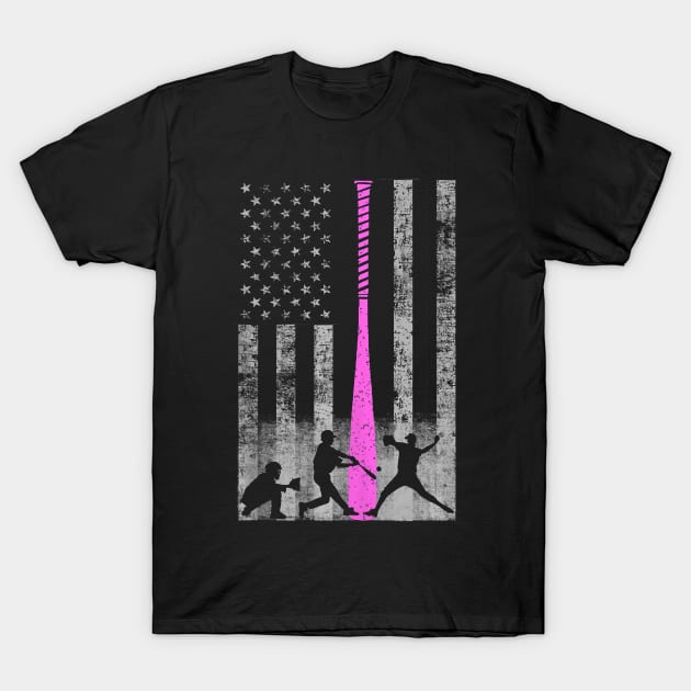 Pink Bat Baseball Flag Baseball Breast Cancer Awareness T-Shirt by klausgaiser